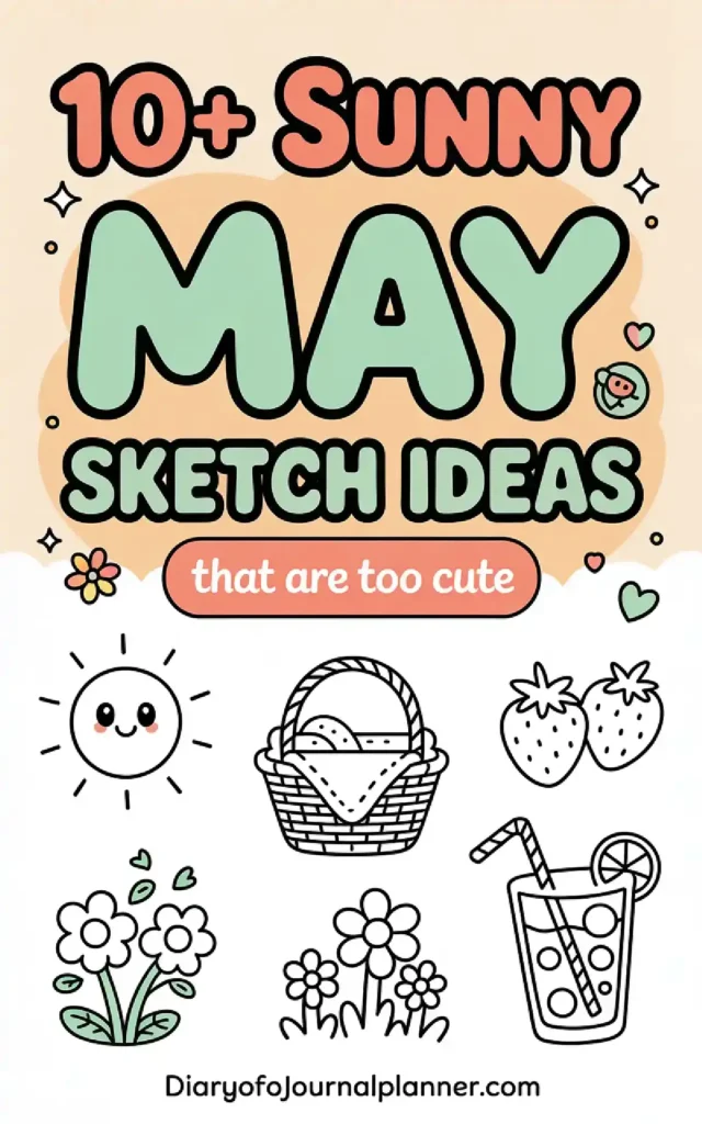 Colorful May sketch ideas featuring a sun, basket, flowers, strawberries, and a drink for creative inspiration.