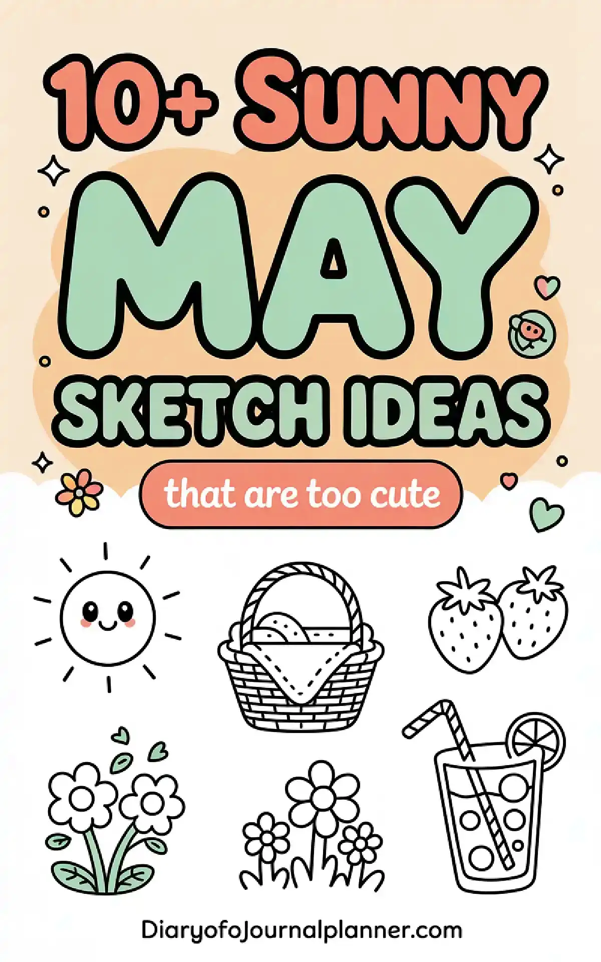 Colorful May sketch ideas featuring a sun, basket, flowers, strawberries, and a drink for creative inspiration.
