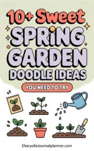 Colorful graphic showcasing 10+ creative spring garden doodle ideas, featuring plants and gardening tools.