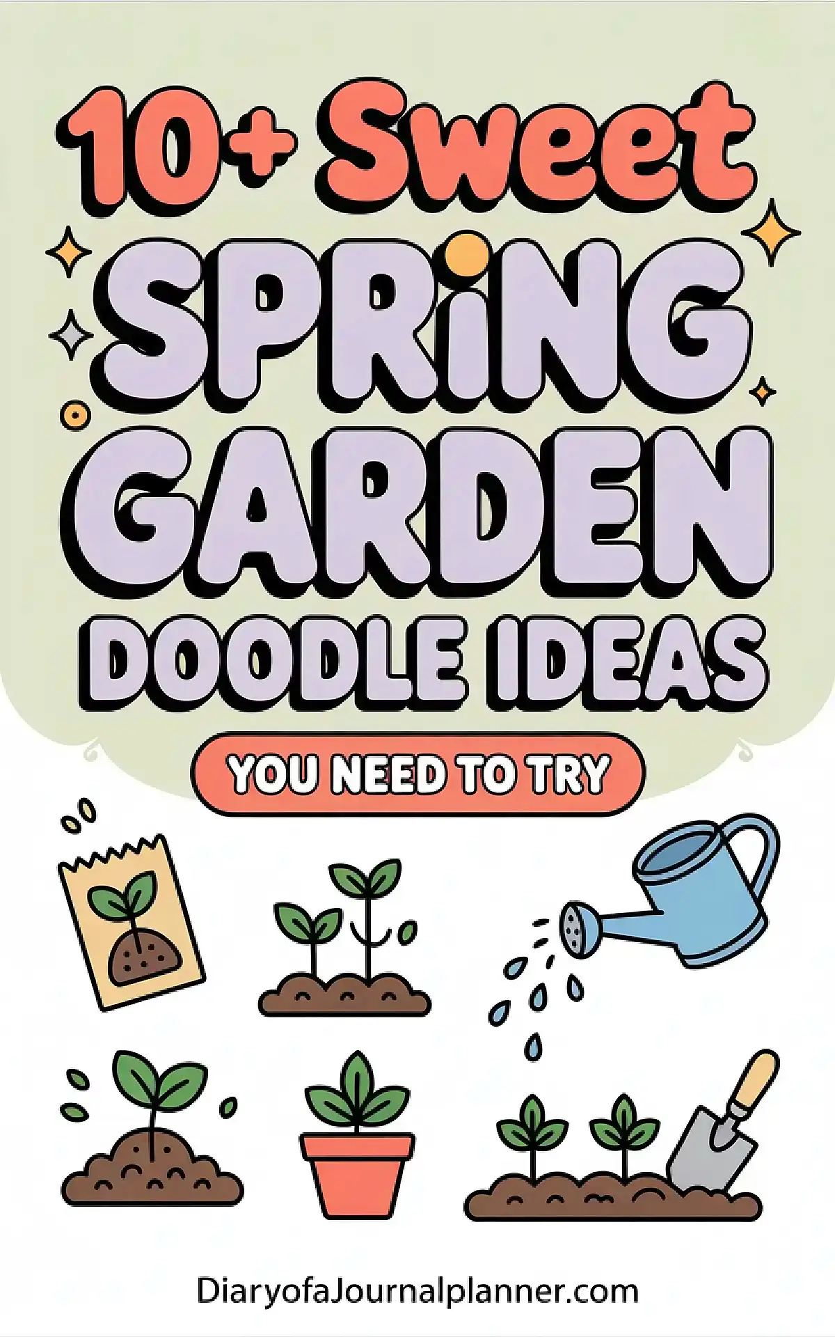 Colorful graphic showcasing 10+ creative spring garden doodle ideas, featuring plants and gardening tools.