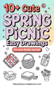 Colorful spring picnic drawing ideas for bullet journals, featuring snacks, flowers, and picnic essentials.