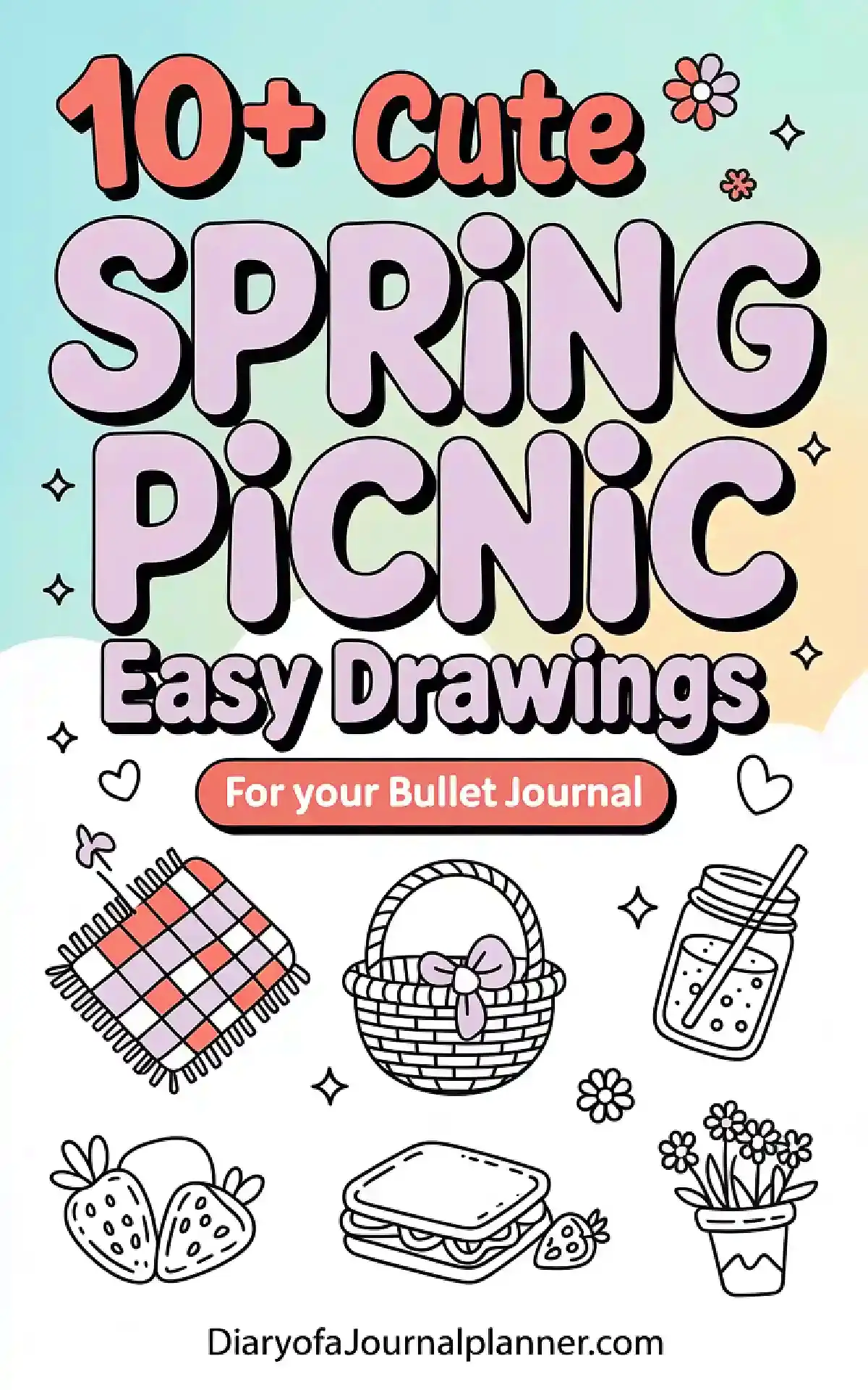 Colorful spring picnic drawing ideas for bullet journals, featuring snacks, flowers, and picnic essentials.
