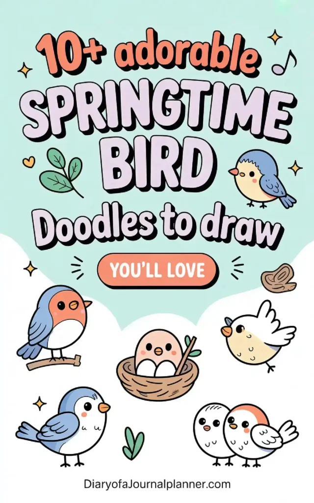 Alt text: Colorful illustration of adorable springtime bird doodles with text '10+ adorable Springtime Bird Doodles to draw.'