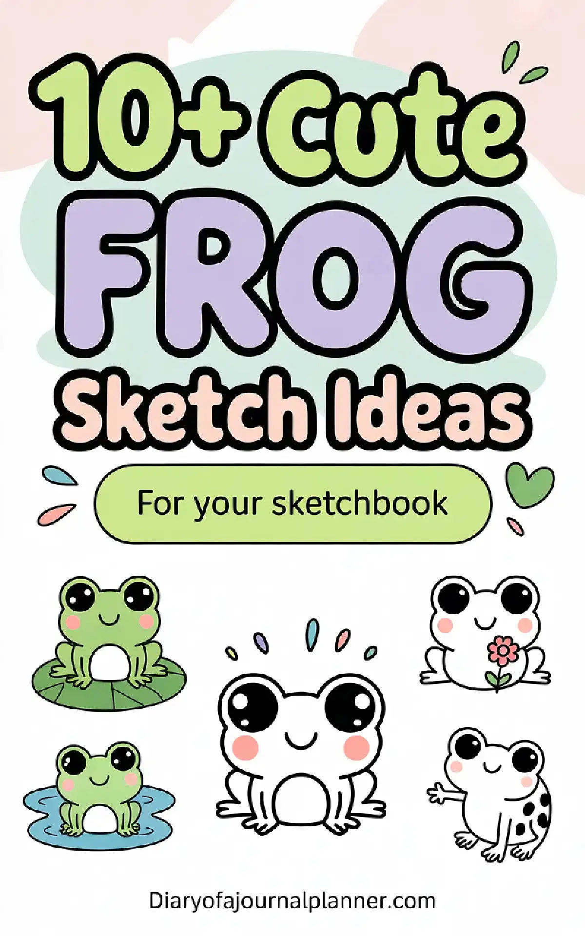 Colorful illustration featuring cute frog sketch ideas for your sketchbook, perfect for artists and doodlers.