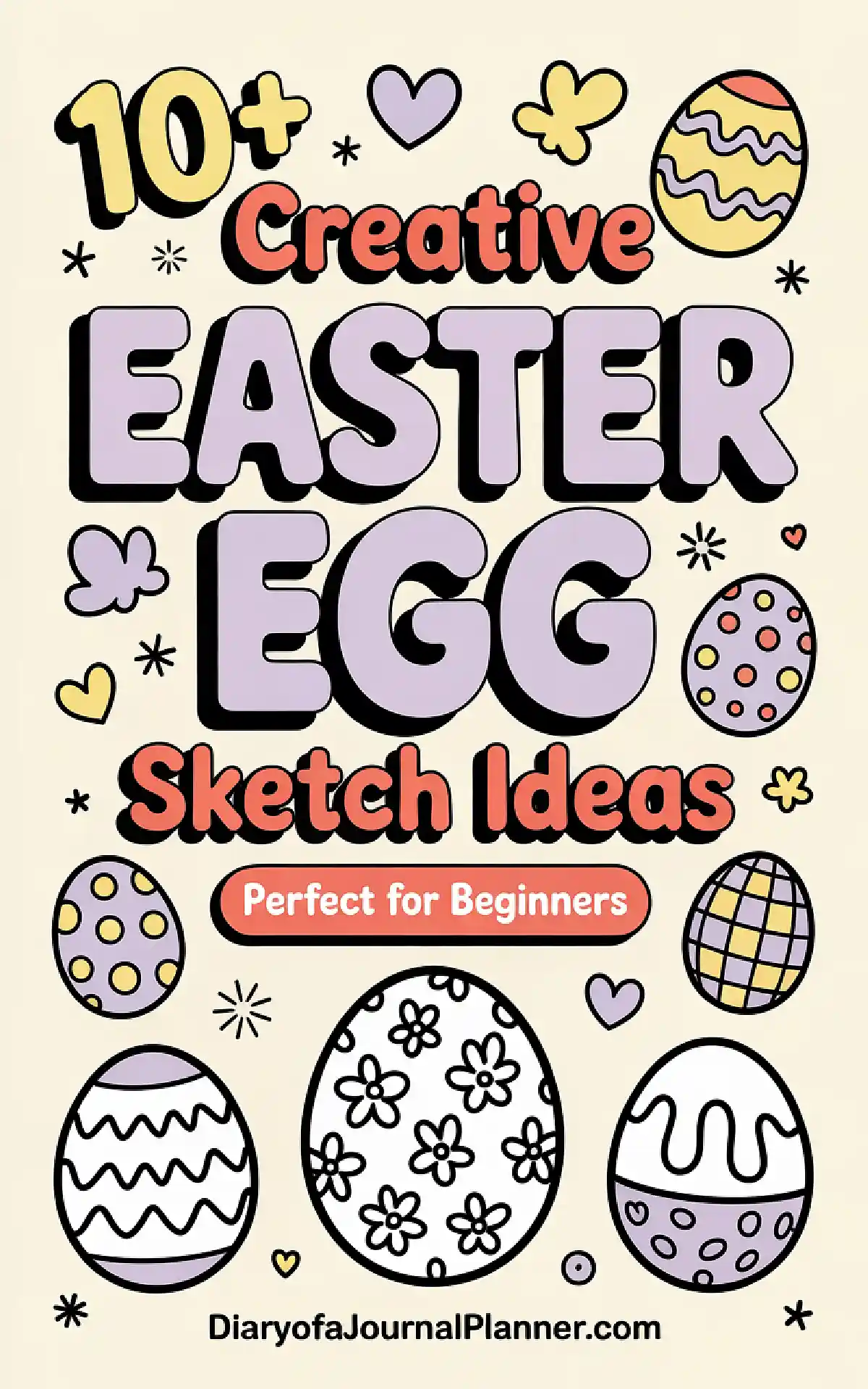 Alt text: Colorful illustration of creative Easter egg sketch ideas, perfect for beginners, featuring various decorative eggs.