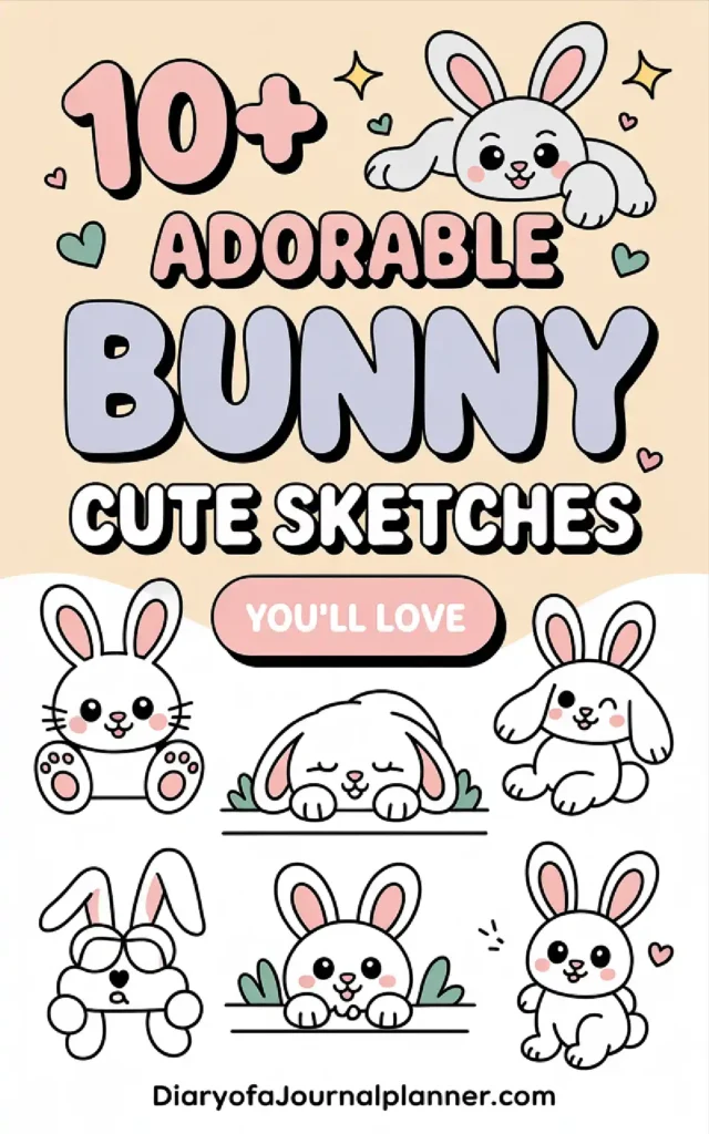 Colorful graphic featuring 10+ adorable bunny sketches that are cute and playful, perfect for animal lovers.
