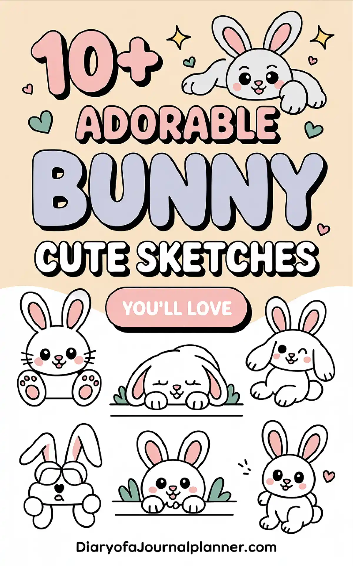 Colorful graphic featuring 10+ adorable bunny sketches that are cute and playful, perfect for animal lovers.