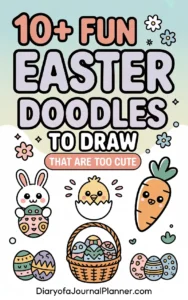 Colorful Easter doodles featuring a bunny, chick, carrots, and decorated eggs for fun drawing inspiration.