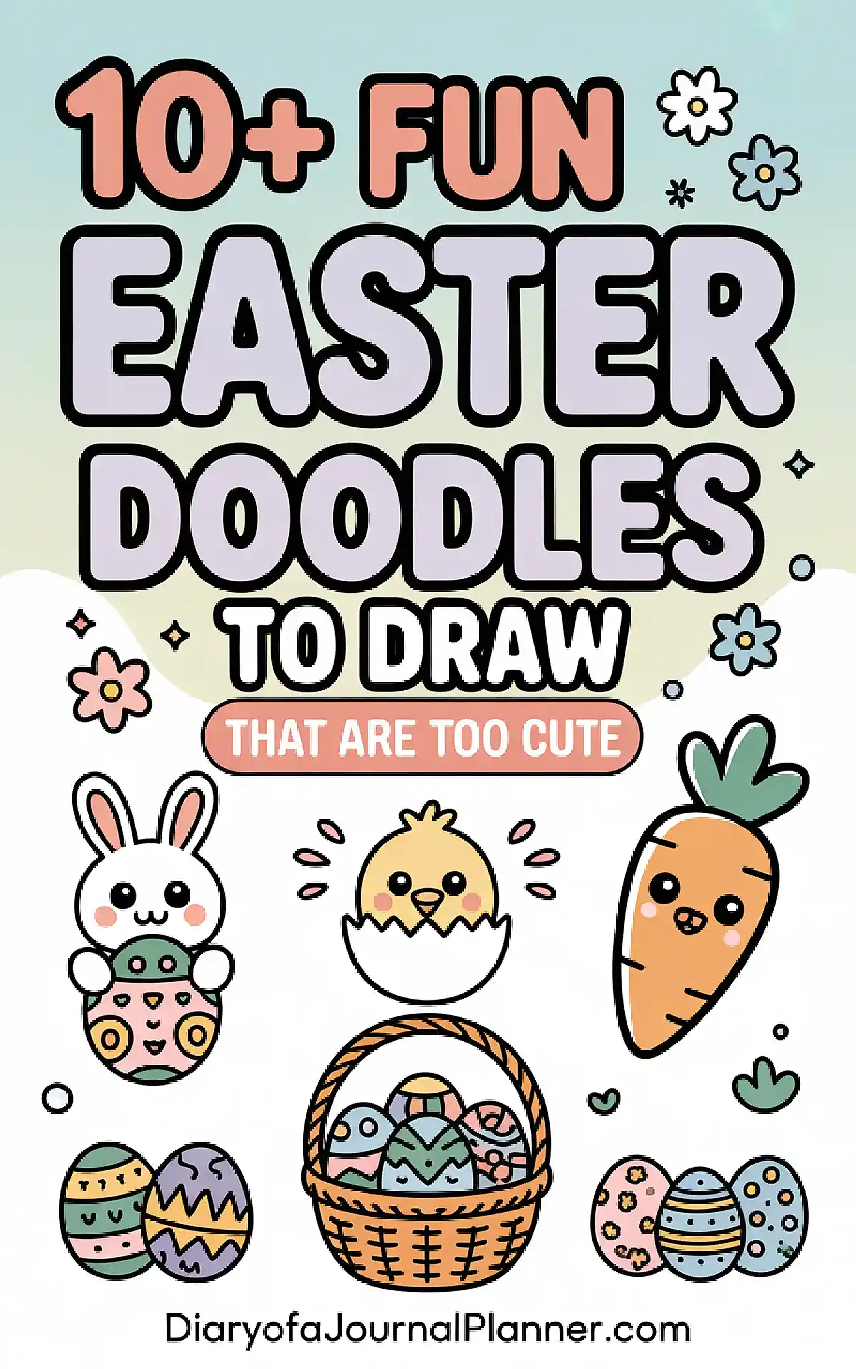 Colorful Easter doodles featuring a bunny, chick, carrots, and decorated eggs for fun drawing inspiration.