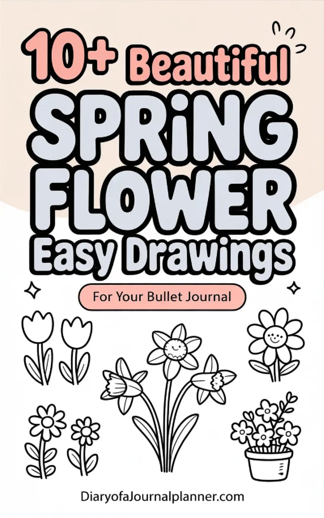 Alt text: Colorful spring flower drawings for bullet journals, featuring various flowers and a potted plant.