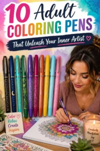 A woman uses colorful pens to color a mandala, with inspiration and relaxation themes in a creative setting.