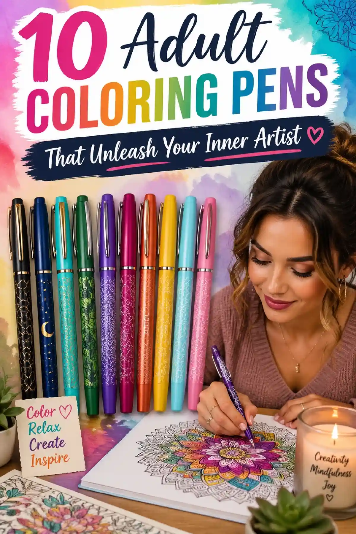 A woman uses colorful pens to color a mandala, with inspiration and relaxation themes in a creative setting.