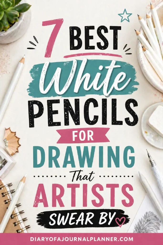 List of 7 best white pencils for drawing, featuring vibrant design and artistic supplies on a creative workspace.