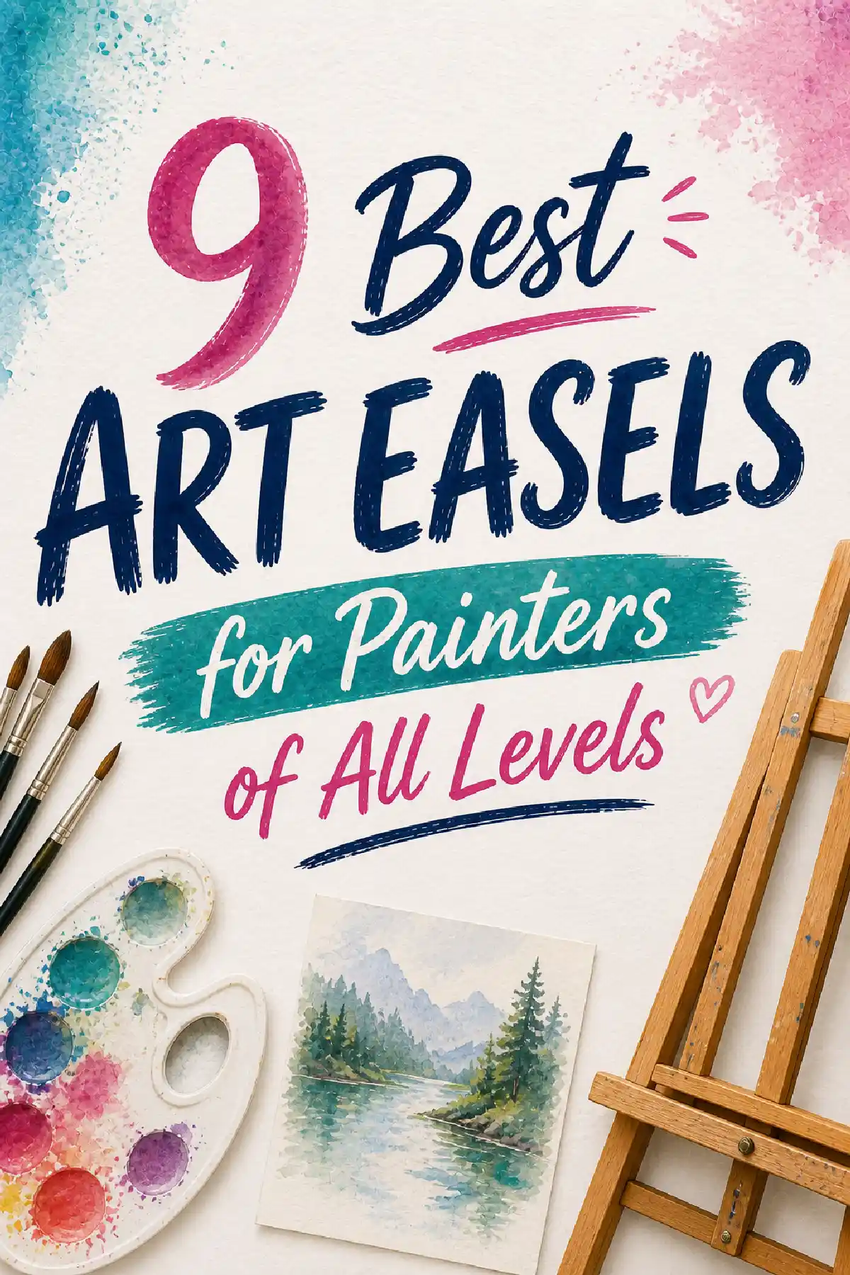 Colorful graphic showcasing '9 Best Art Easels for Painters of All Levels' with brushes and paints beside an easel.