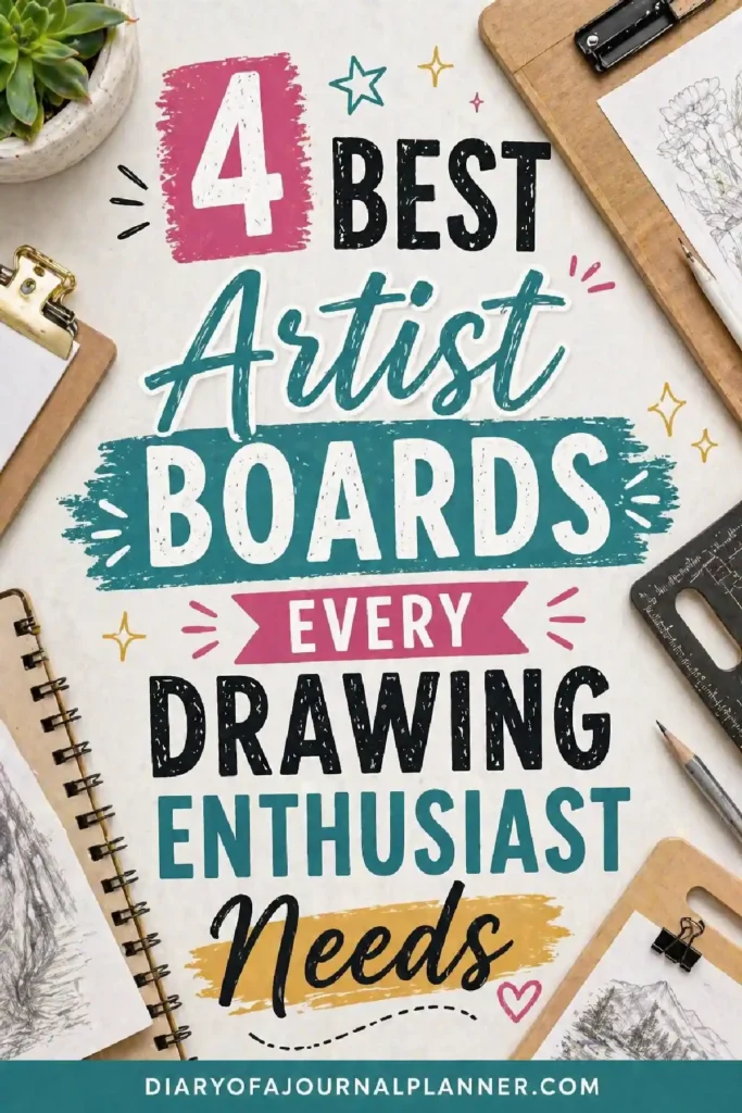 Colorful graphic highlighting the 4 best artist boards for drawing enthusiasts, surrounded by art supplies and sketches.