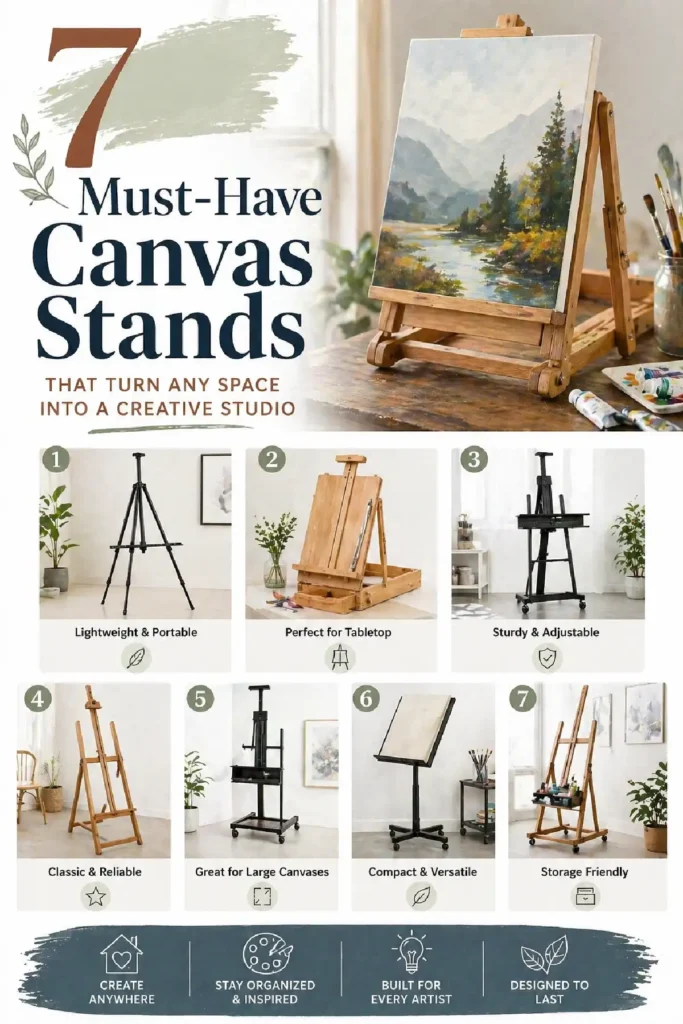 Infographic showcasing 7 must-have canvas stands for artists, highlighting features like portability and versatility.