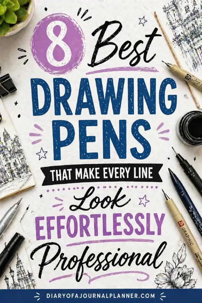 Alt text: Graphic featuring '8 Best Drawing Pens' for creating professional-looking sketches, with various drawing tools displayed.
