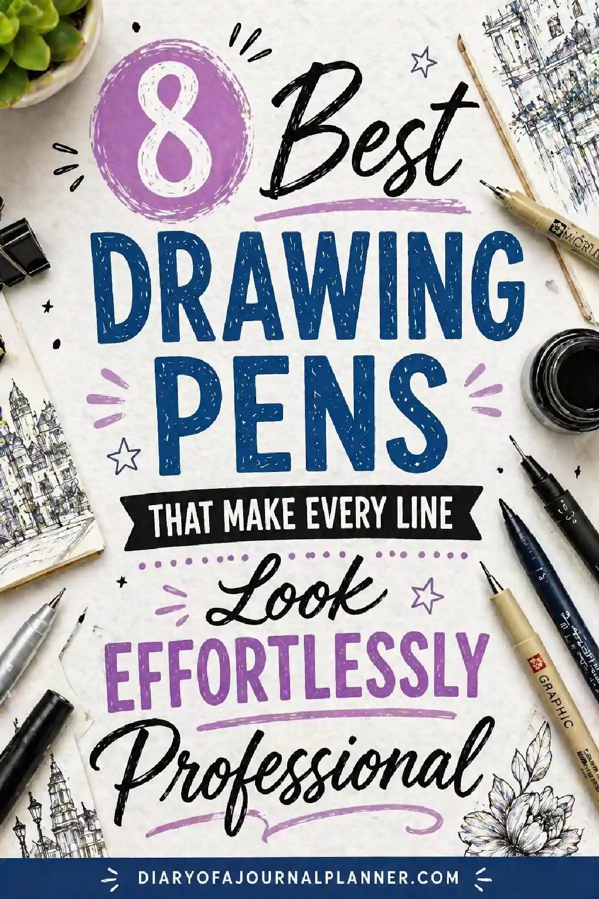 Alt text: Graphic featuring '8 Best Drawing Pens' for creating professional-looking sketches, with various drawing tools displayed.