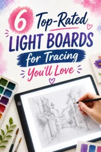 An artist using a light board for tracing a sketch, surrounded by watercolor paints and brushes.