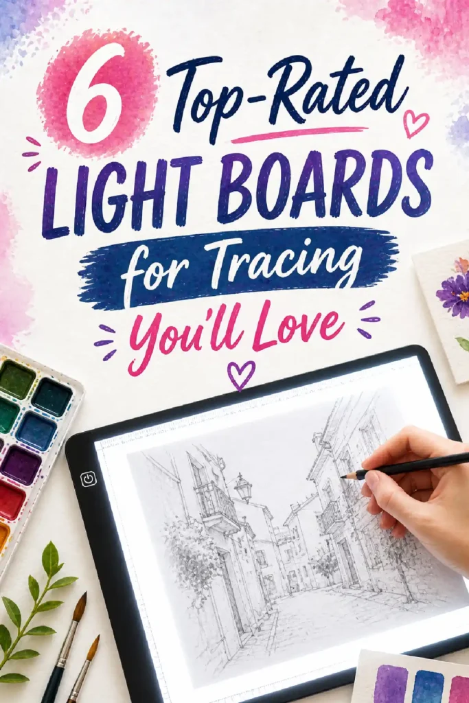 An artist using a light board for tracing a sketch, surrounded by watercolor paints and brushes.