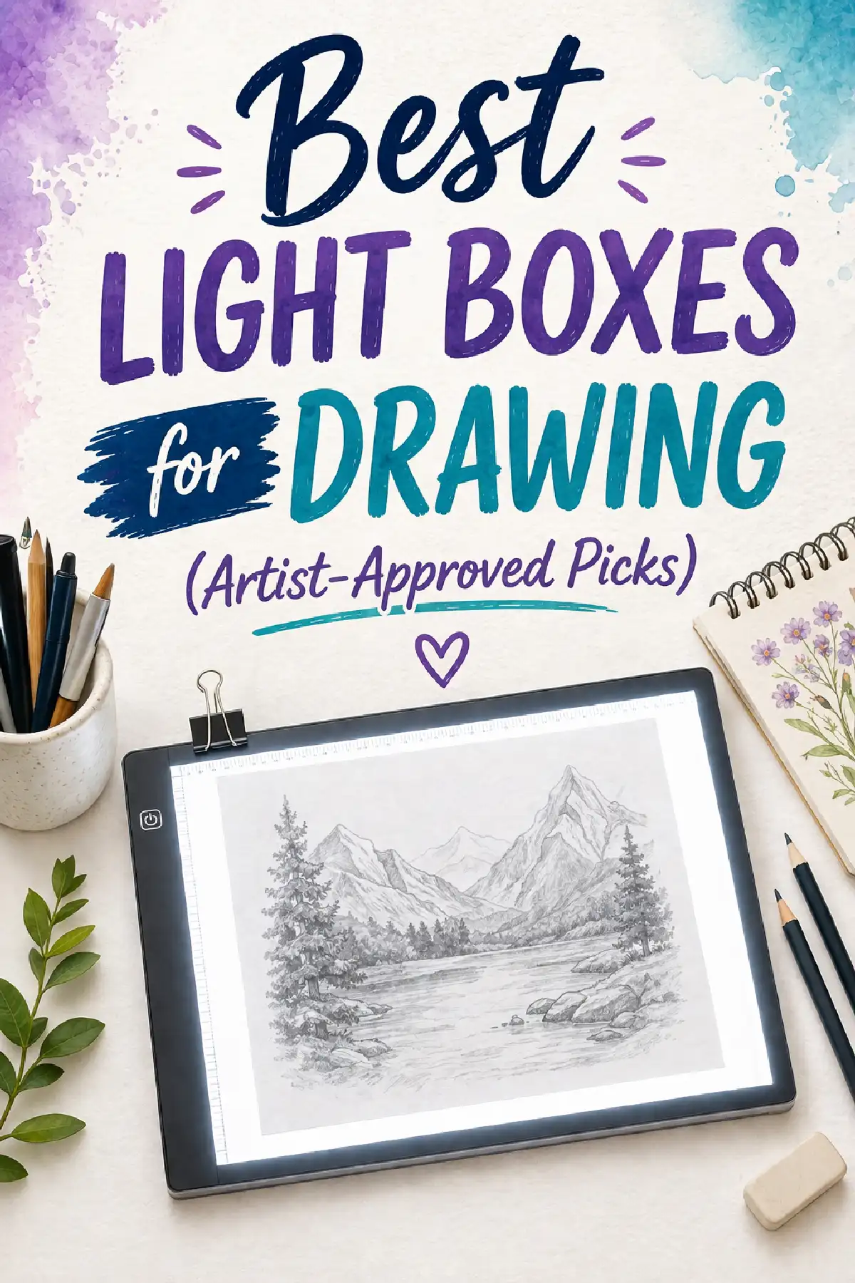Best light boxes for drawing with top artist-approved picks, showcasing a landscape sketch and art supplies.