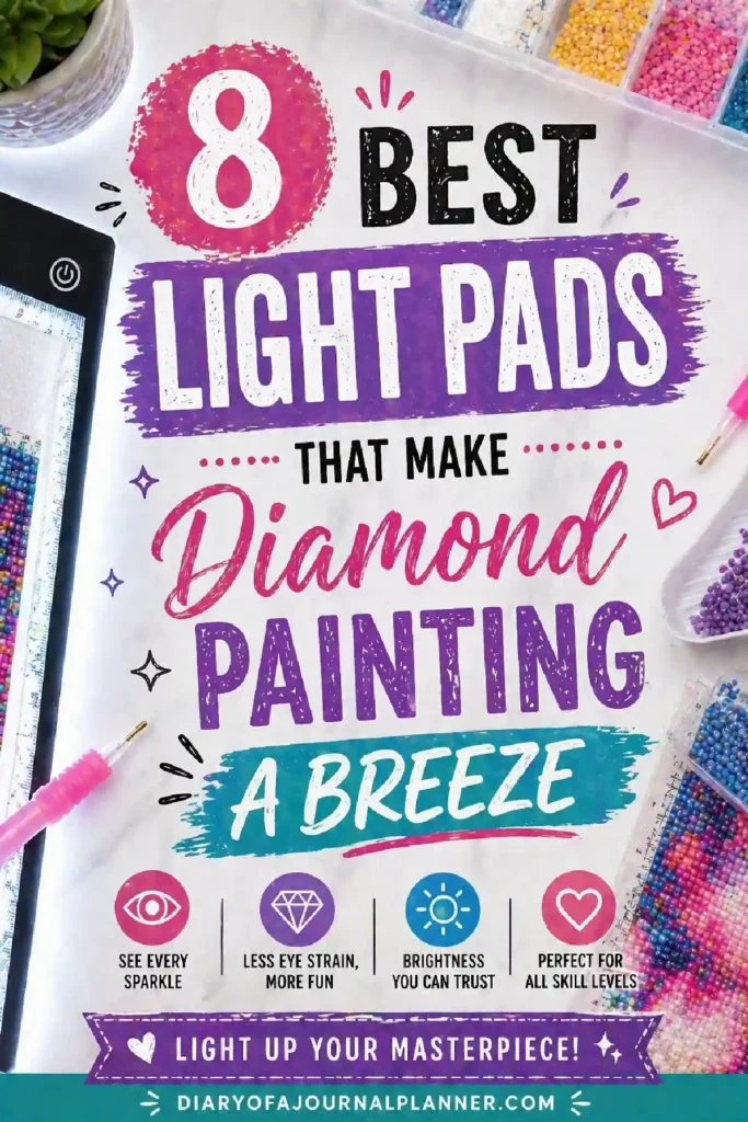 Infographic showcasing the 8 best light pads for easy diamond painting, highlighting features like brightness and eye comfort.