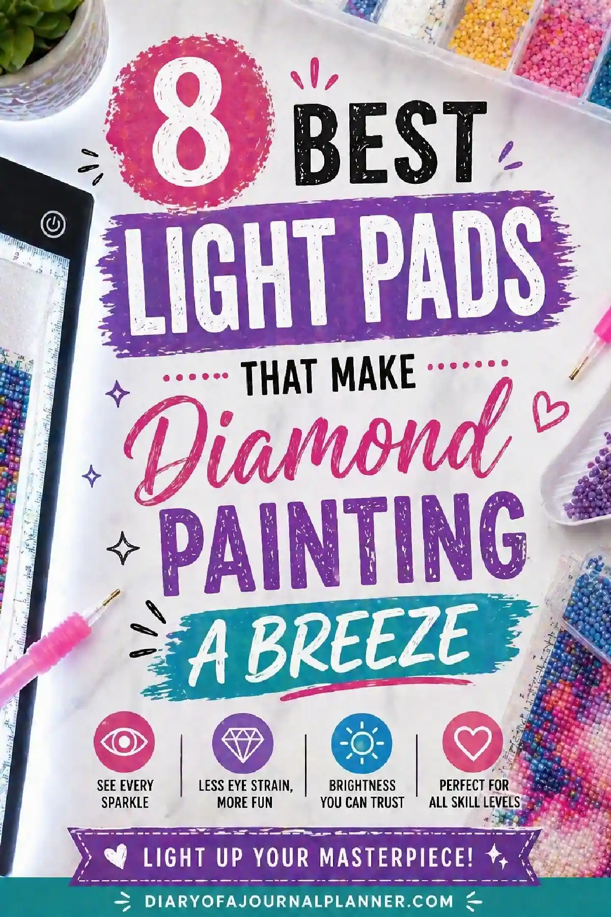 Infographic showcasing the 8 best light pads for easy diamond painting, highlighting features like brightness and eye comfort.