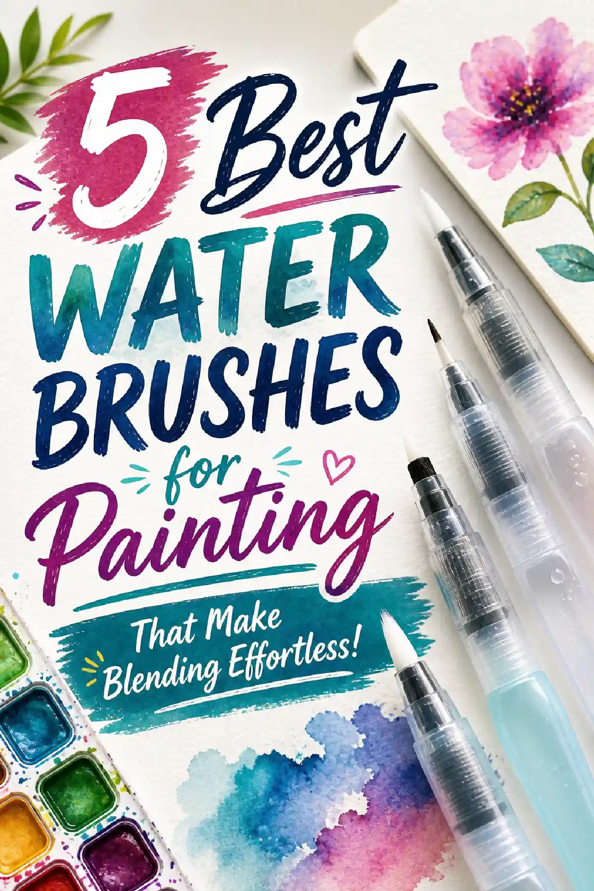 Graphic showcasing '5 Best Water Brushes for Painting' with colorful backgrounds and blending tools for effortless art.