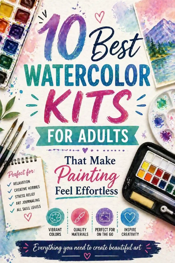 Colorful graphic highlighting 10 best watercolor kits for adults, showcasing vibrant materials and art inspiration.