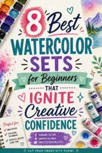 Alt text: Colorful graphic showcasing 8 best watercolor sets for beginners to boost creative confidence and artistic exploration.