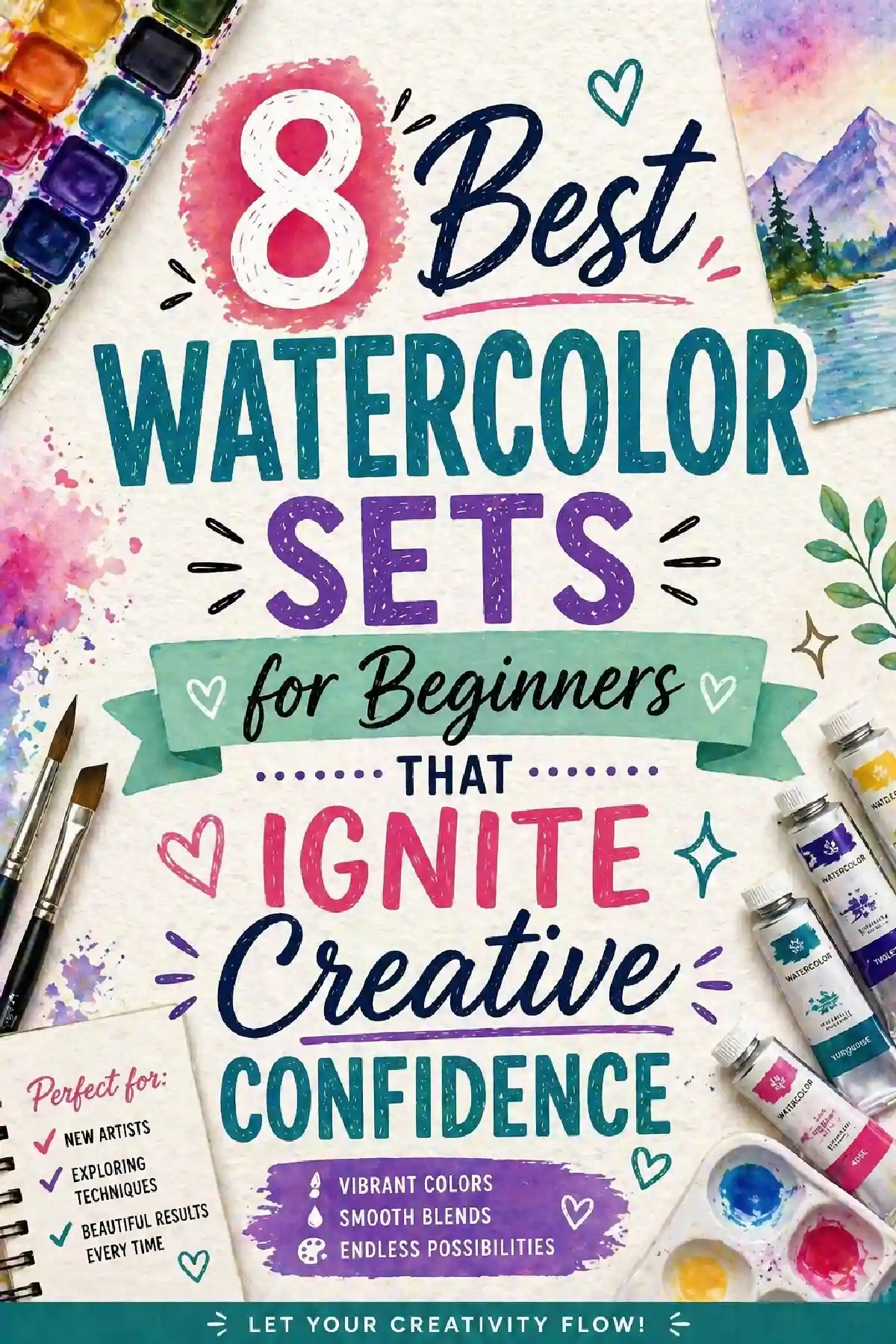 Alt text: Colorful graphic showcasing 8 best watercolor sets for beginners to boost creative confidence and artistic exploration.
