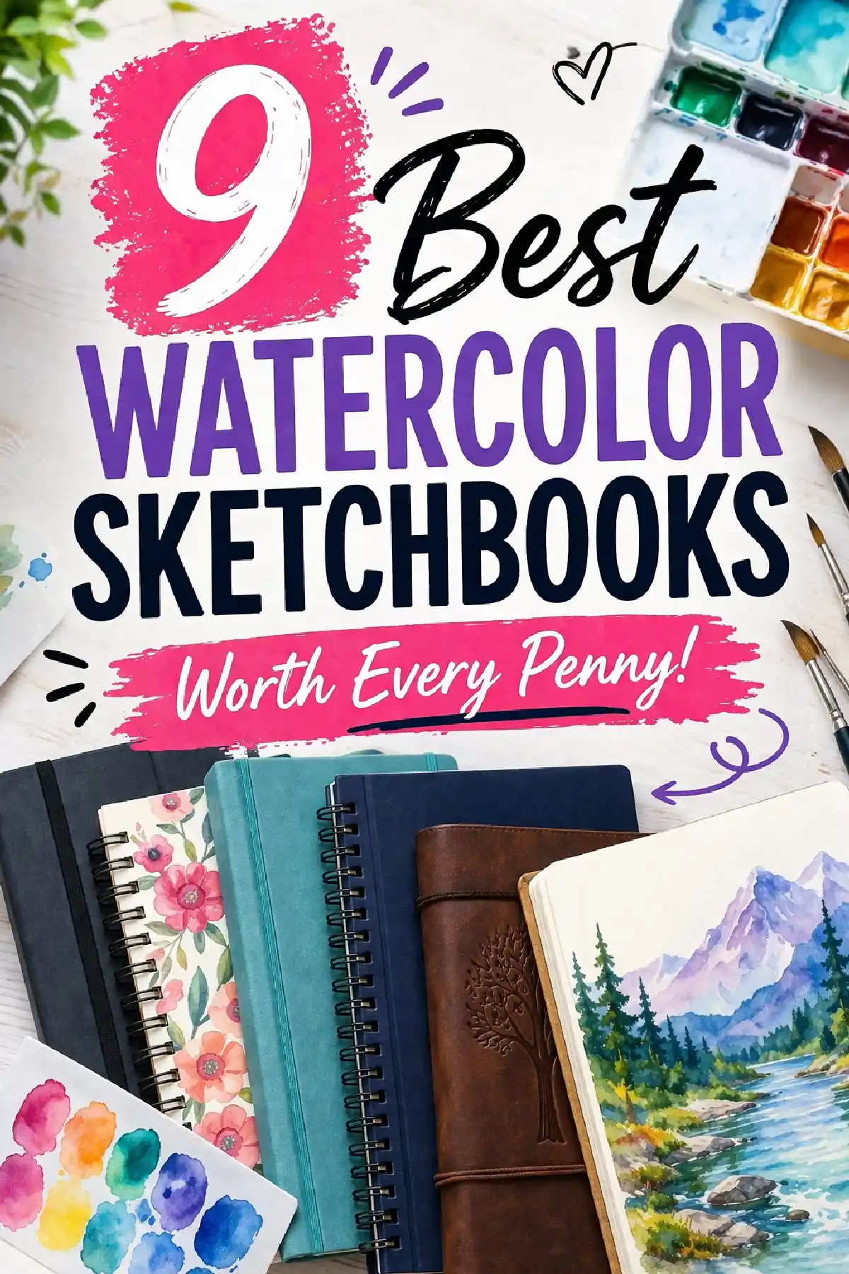 Colorful display of watercolor sketchbooks and art supplies with text highlighting the best options for artists.