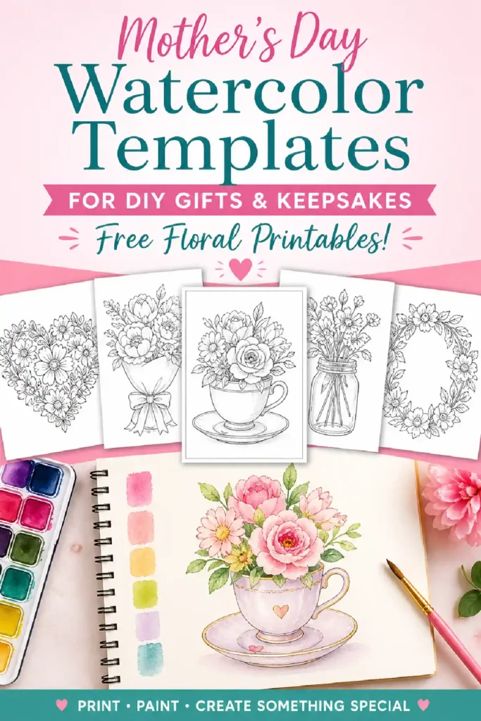 Colorful Mother's Day watercolor templates for DIY gifts, featuring floral designs and printable art.