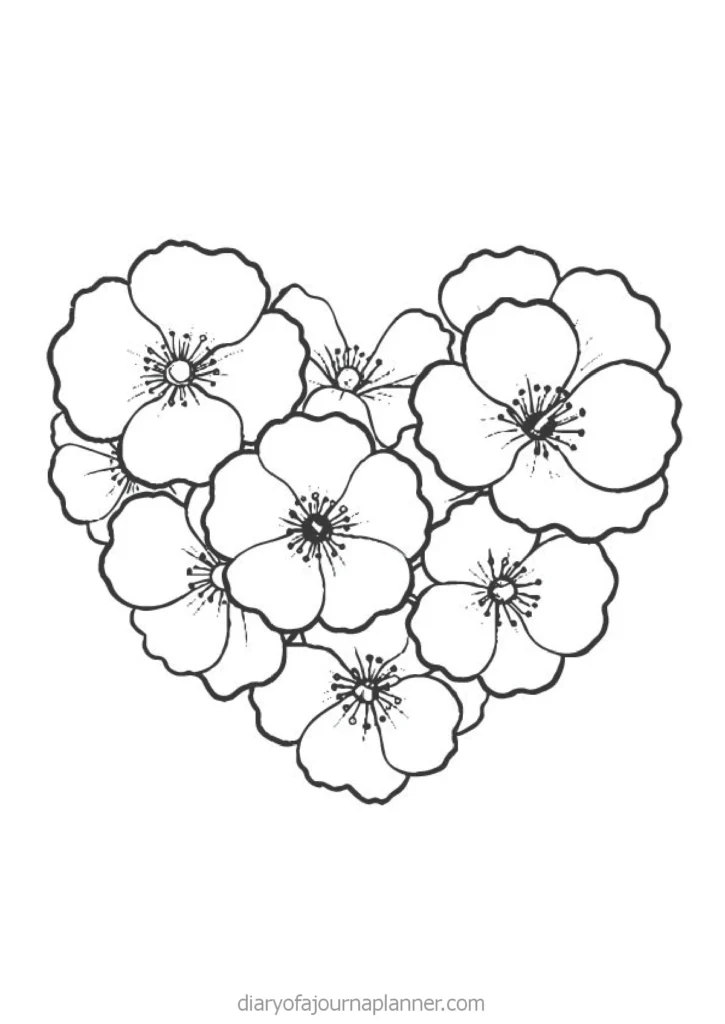 Illustration of a heart shape formed by delicate black and white flowers, perfect for nature-themed projects or designs.
