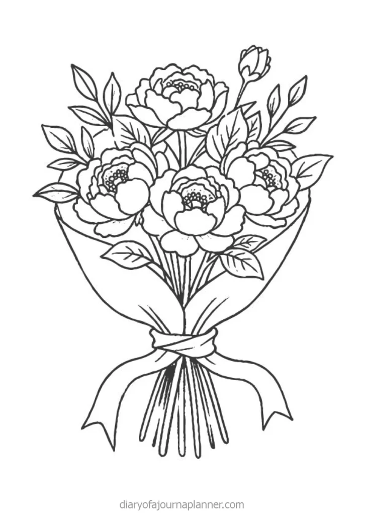 Black and white illustration of a bouquet of peony flowers tied with a ribbon, perfect for coloring or decoration.