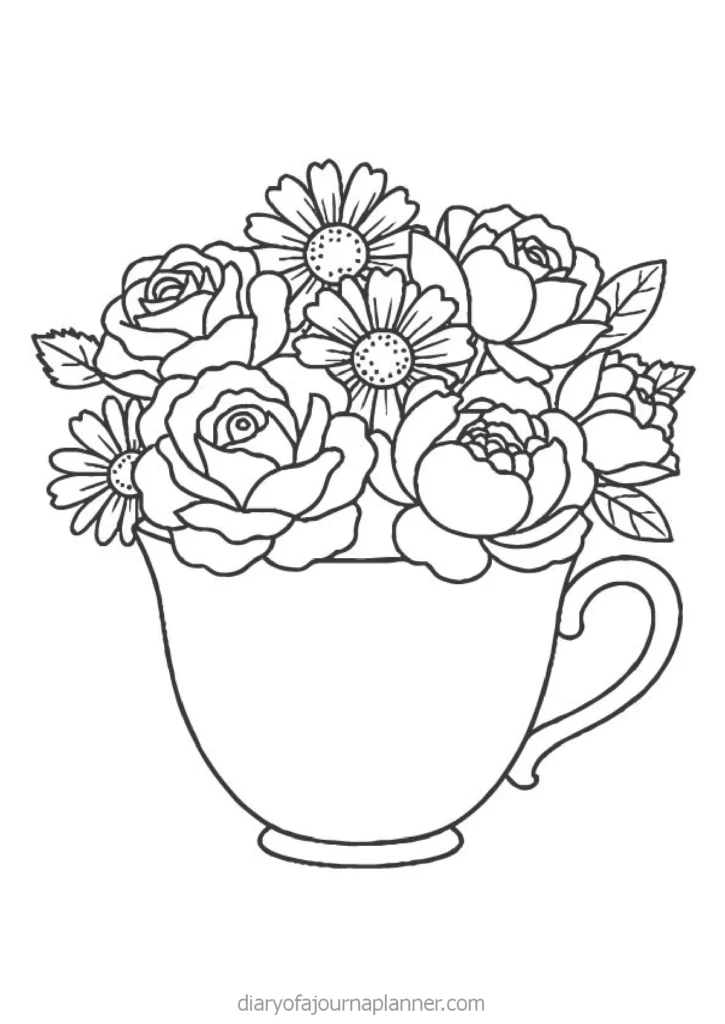 Line art of a tea cup filled with roses and daisies, perfect for coloring and floral-themed projects.