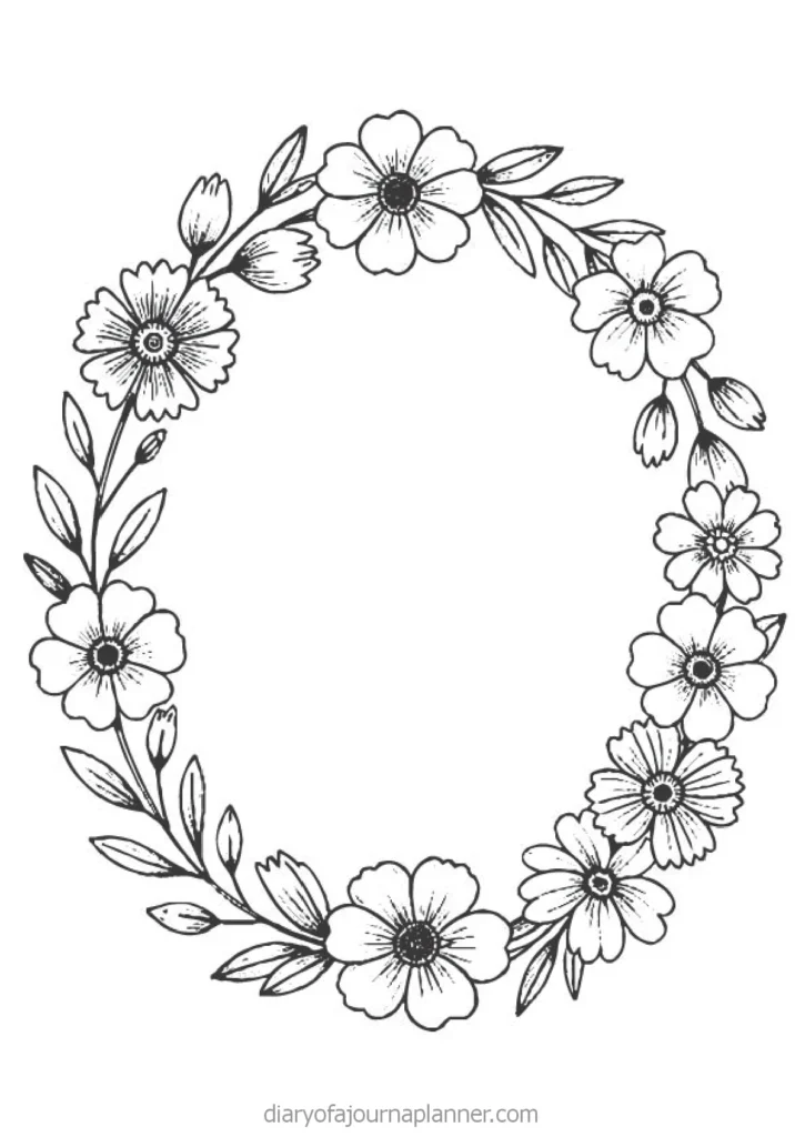 Decorative black and white floral wreath illustration, perfect for planners and bullet journaling designs.