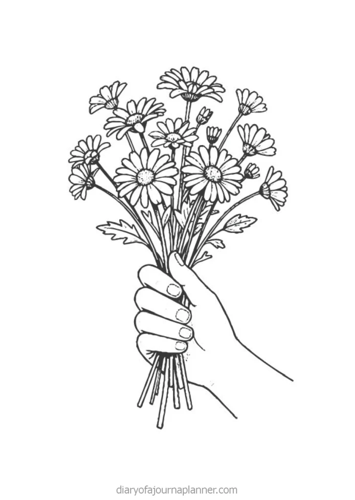 Hand holding a bouquet of daisies, showcasing a beautiful floral arrangement in black and white line art.