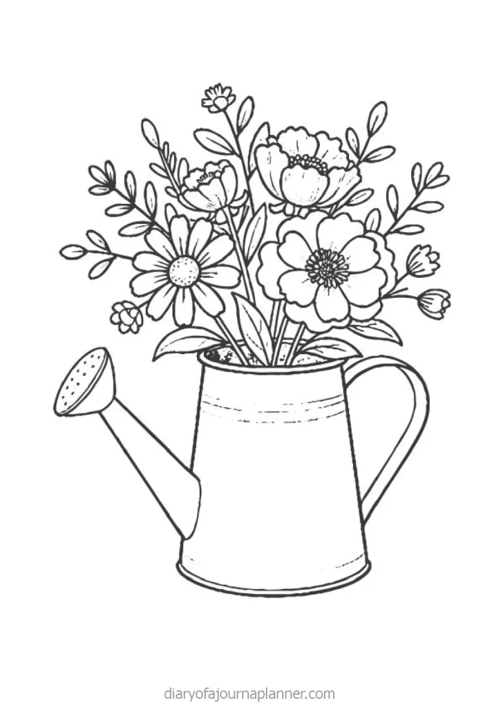 Line art of a watering can filled with various flowers, ideal for coloring or floral design inspiration.