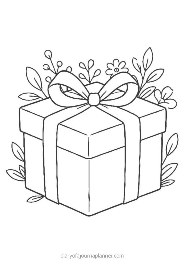 Illustration of a decorative gift box surrounded by flowers and leaves, perfect for celebration themes.