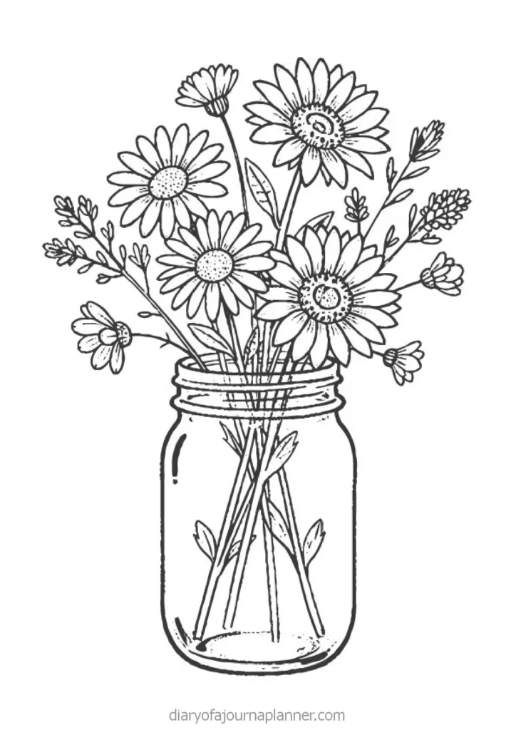 Black and white illustration of a jar filled with assorted blooming flowers, perfect for decorative inspiration.