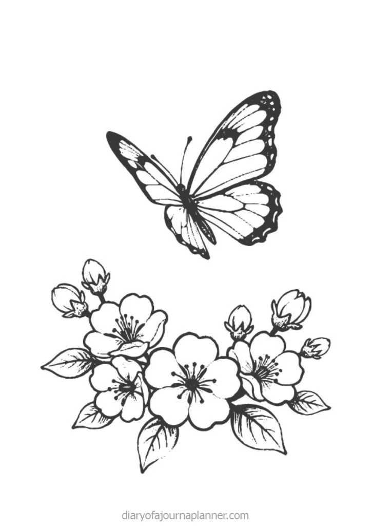 Black and white illustration of a butterfly above blooming flowers, ideal for floral-themed design projects.