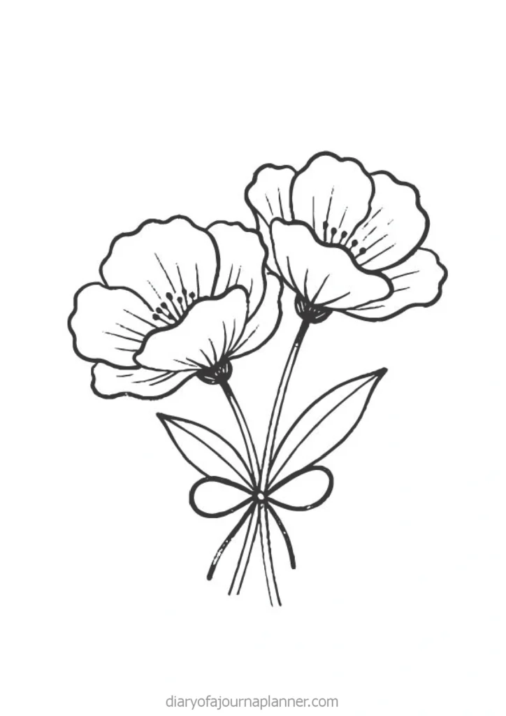 Detailed line art of two blooming flowers with a bow, perfect for floral design enthusiasts and planners.