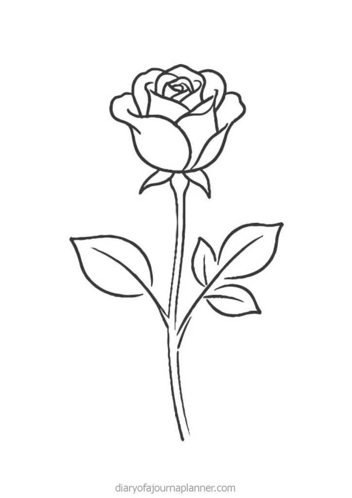 Black and white line drawing of a rose with leaves, perfect for coloring or decoration in art projects.