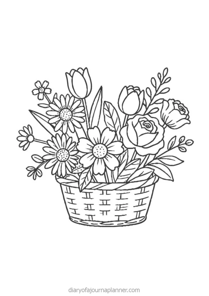 Black and white illustration of a floral arrangement in a woven basket, featuring various flowers and leaves.