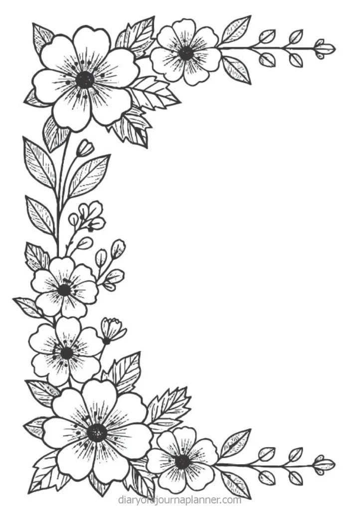 Black and white floral border design featuring various blooms and leaves, perfect for journaling or stationery backgrounds.