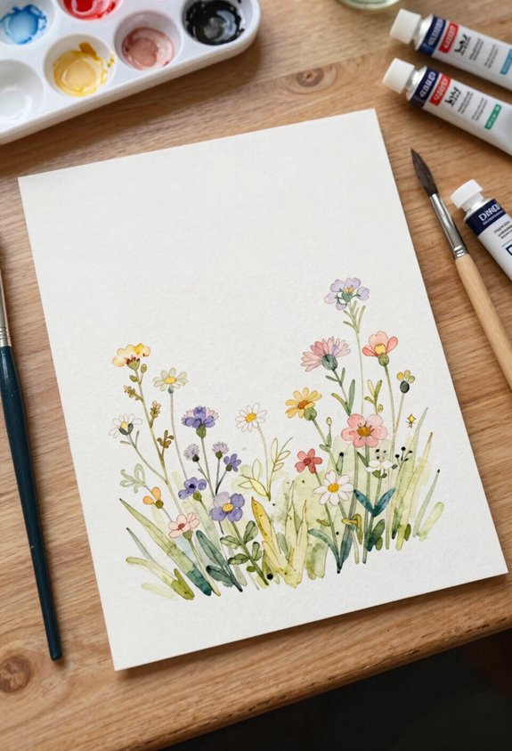 Watercolor painting of colorful wildflowers on white paper, with painter's palette and brushes nearby.