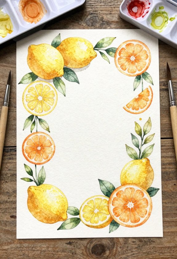 Watercolor citrus border with lemons and oranges framing a blank sheet; painting brushes and palettes on wood.