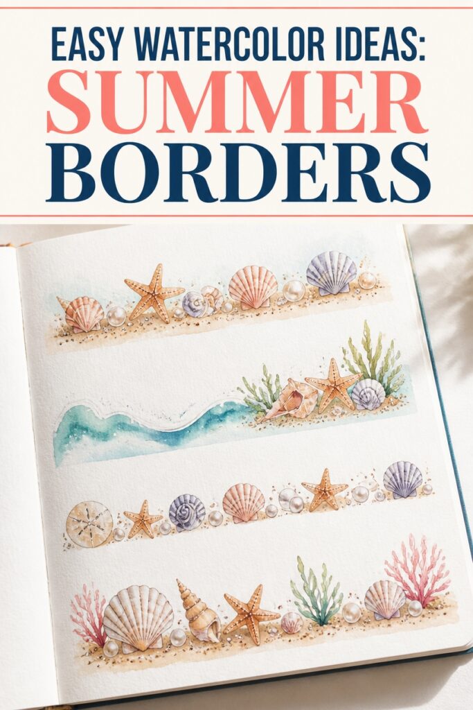 Watercolor summer borders featuring shells, starfish and seaweed on a notebook page.