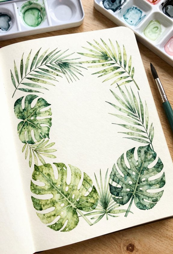 Watercolor tropical leaf frame around a blank notebook page, with paints and brush nearby.